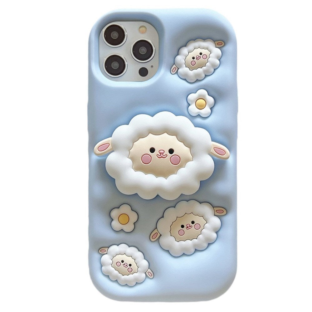 iPhone 15 Pro 3D Cover with Built-in Kickstand Silicone Protection Sheep Design - Blue