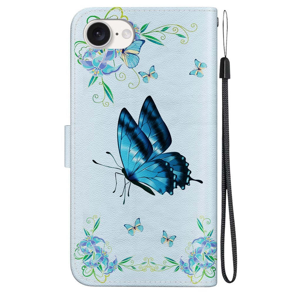 EIDERWOOD iPhone 16e Faux Leather Case w. Wallet & Strap - Blue Butterfly