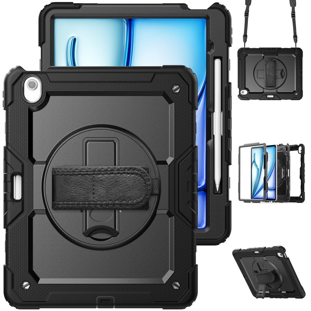 iPad Air 13" (2025 / 2024) Hybrid Case with Built-in Screen Protector - Kickstand - Shoulder Strap - Black