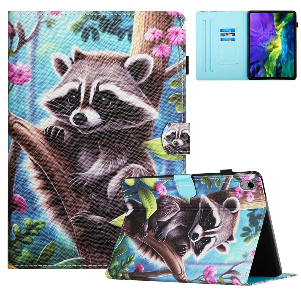 iPad Mini (2026) 8th Gen. EIDERWOOD Faux Leather Flip Case with Card Holder - Raccoon