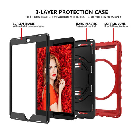 iPad 10.2" (2021 / 2020 / 2019) Drop Proof Case w. Hand Holder, Kickstand & Apple Pencil Holder - Red