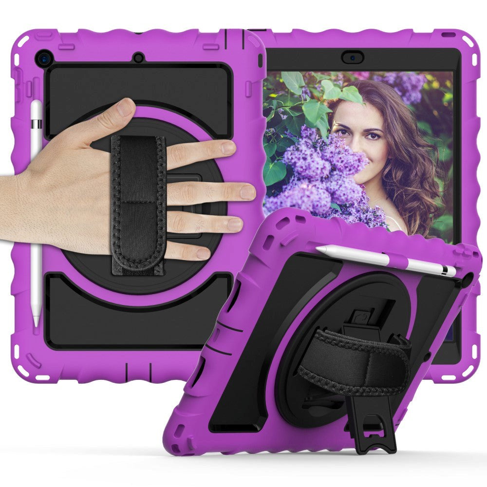 iPad 10.2" (2021 / 2020 / 2019) Drop Proof Case w. Hand Holder, Kickstand & Apple Pencil Holder - Purple