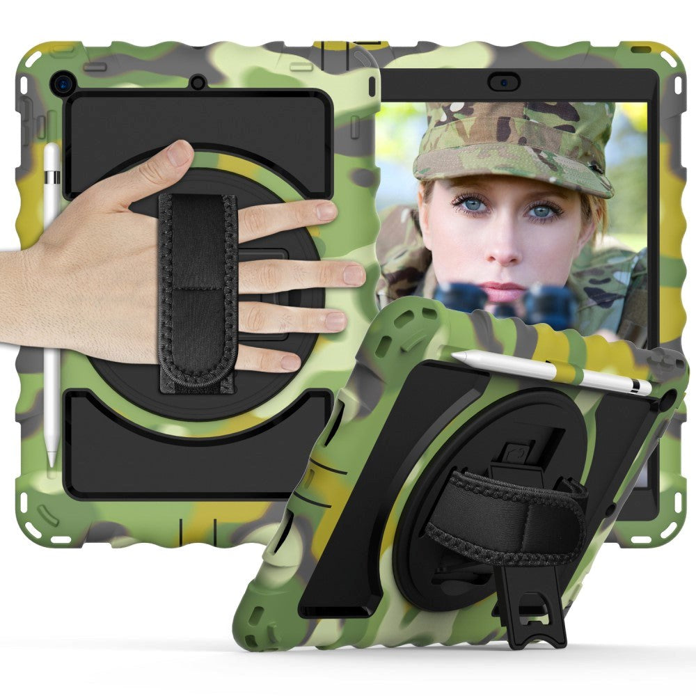 iPad 10.2" (2021 / 2020 / 2019) Drop Proof Case w. Hand Holder, Kickstand & Apple Pencil Holder - Camouflage