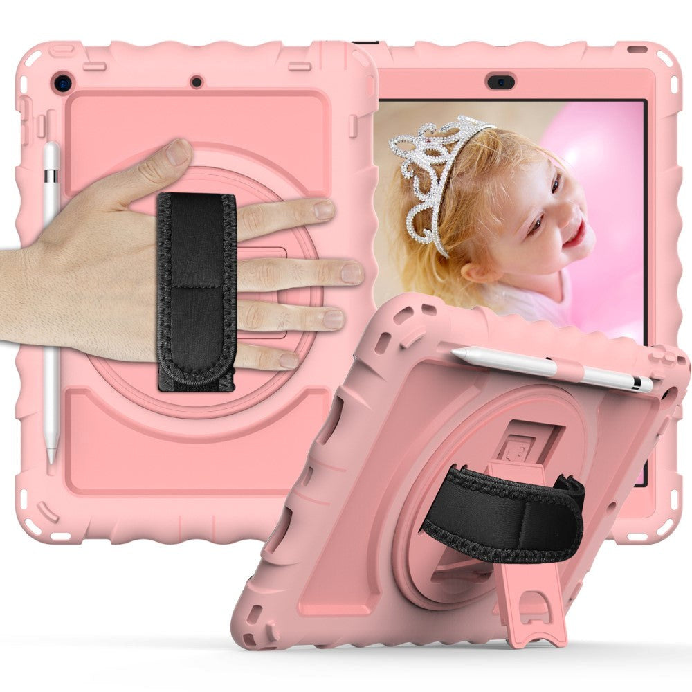 iPad 10.2" (2021 / 2020 / 2019) Drop Proof Case w. Hand Holder, Kickstand & Apple Pencil Holder - Rose Gold