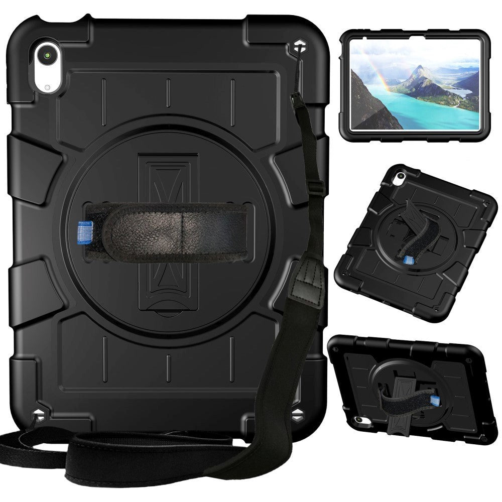 iPad 10.9" (2022) Tough Case w. Hand Holder, Kickstand & Shoulder Strap - Black