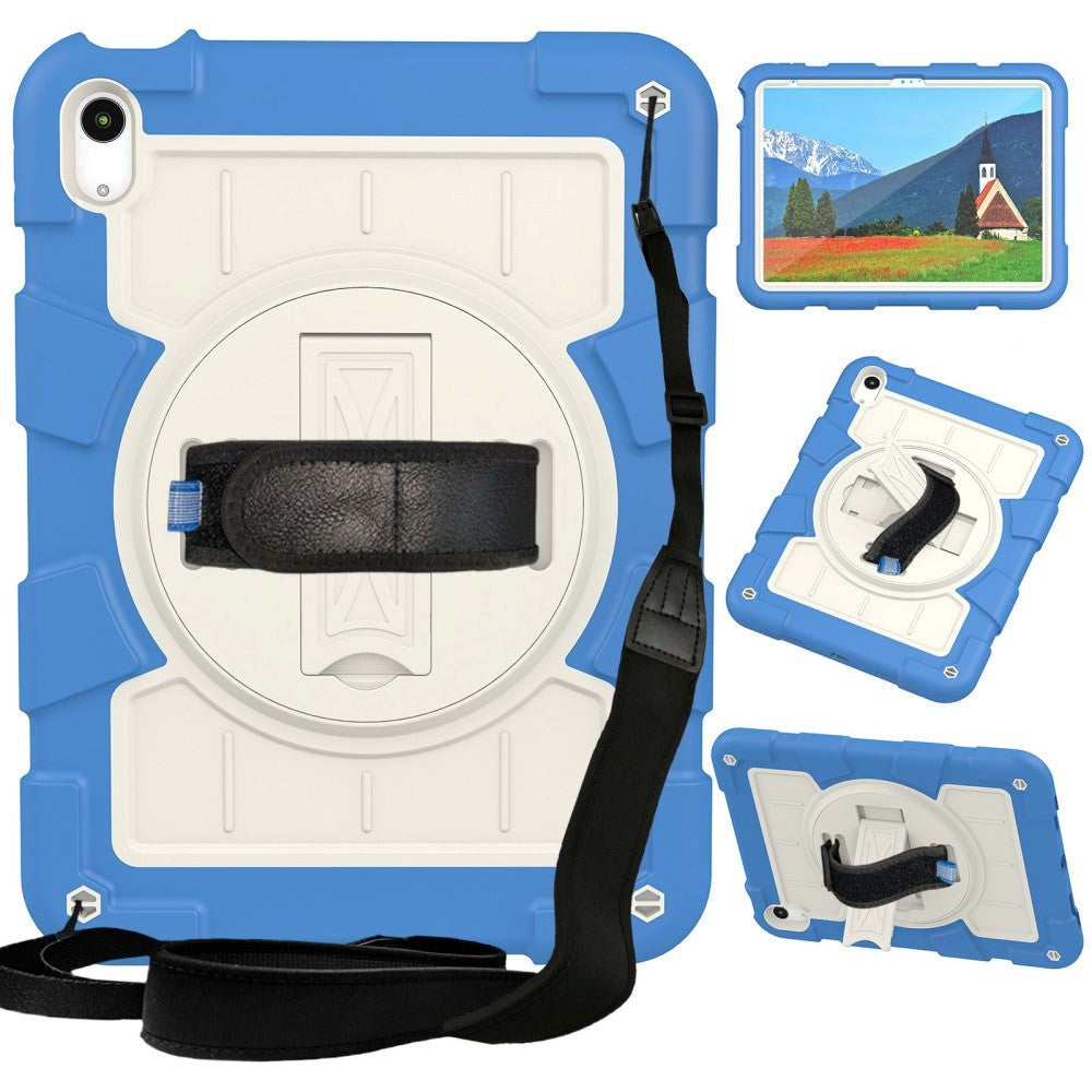 iPad 10.9" (2022) Tough Case w. Hand Holder, Kickstand & Shoulder Strap - Blue / White