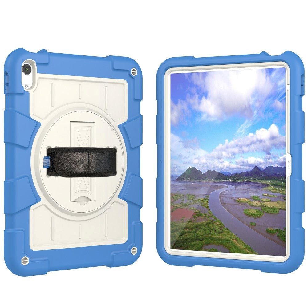 iPad 10.9" (2022) Tough Case w. Hand Holder, Kickstand & Shoulder Strap - Blue / White