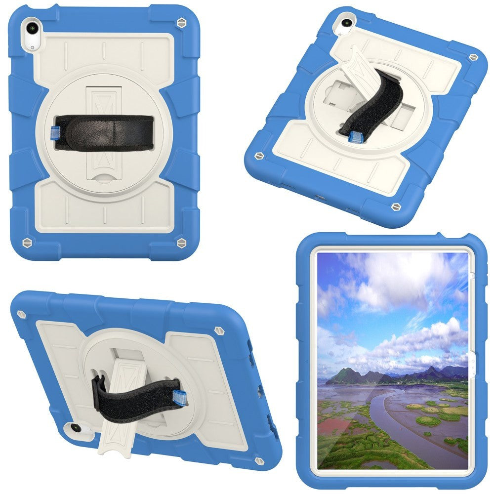 iPad 10.9" (2022) Tough Case w. Hand Holder, Kickstand & Shoulder Strap - Blue / White