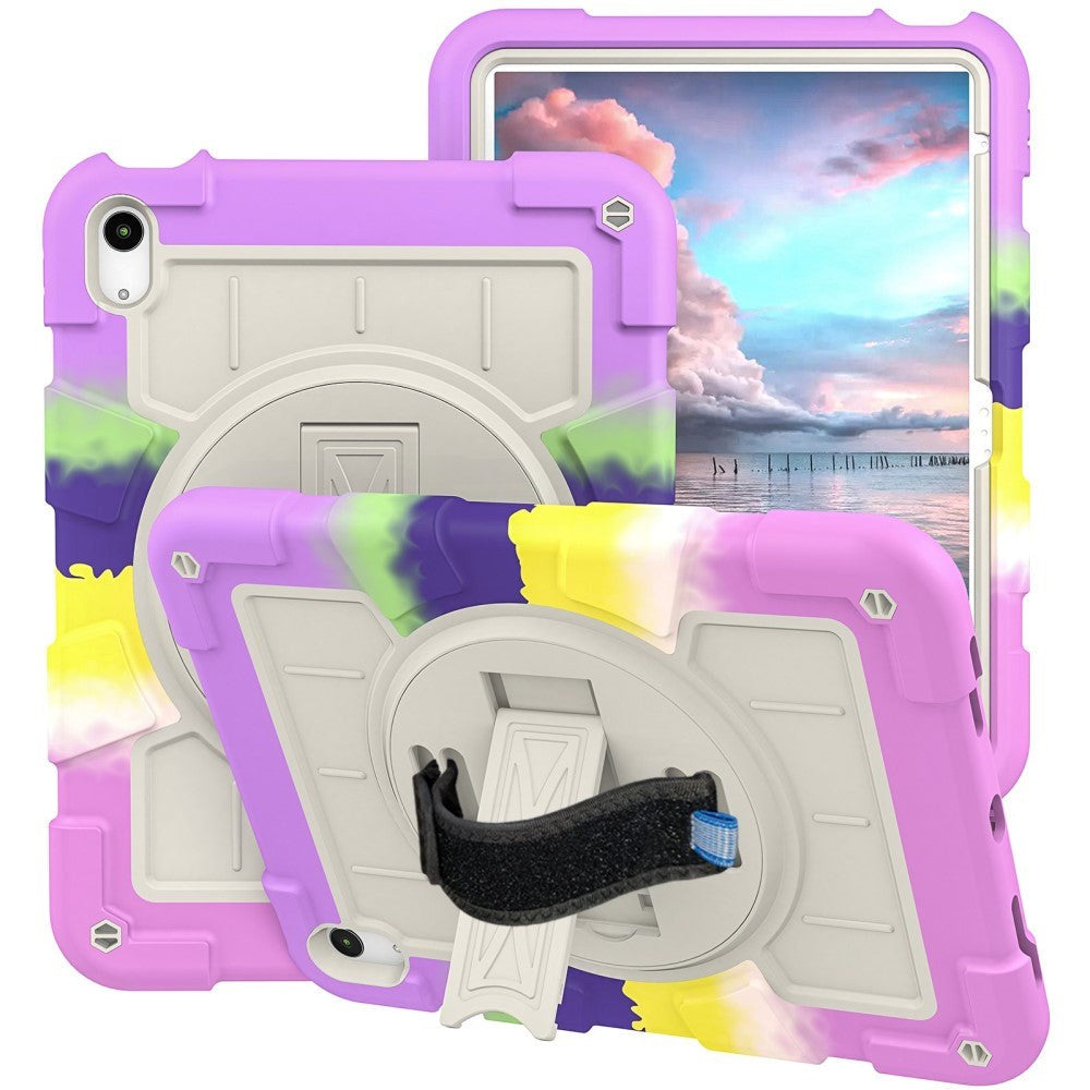 iPad 10.9" (2022) Tough Case w. Hand Holder, Kickstand & Shoulder Strap - Purple / Multi