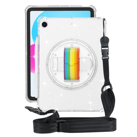 iPad 10.2" (2021 / 2020 / 2019) Hard Plastic Case w. Hand Holder, Kickstand & Shoulder Strap - Transparent Glitter