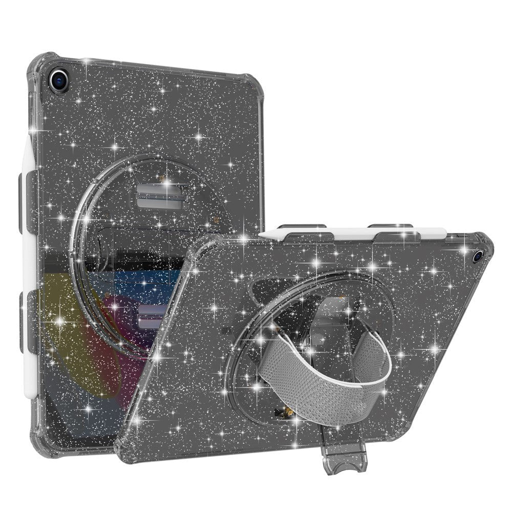 iPad 10.2" (2021 / 2020 / 2019) Hard Plastic Case w. Hand Holder, Kickstand & Shoulder Strap - Transparent / Glitter Black