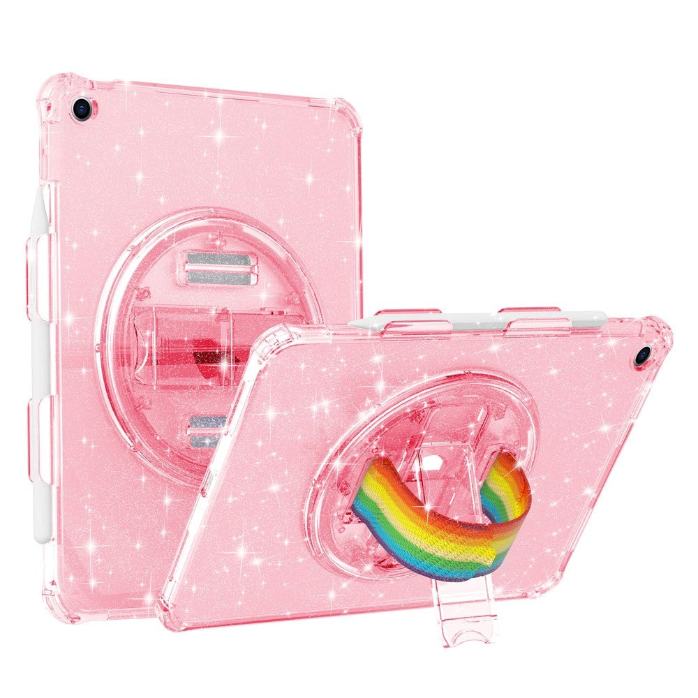 iPad 10.2" (2021 / 2020 / 2019) Hard Plastic Case w. Hand Holder, Kickstand & Shoulder Strap - Transparent / Glitter Pink