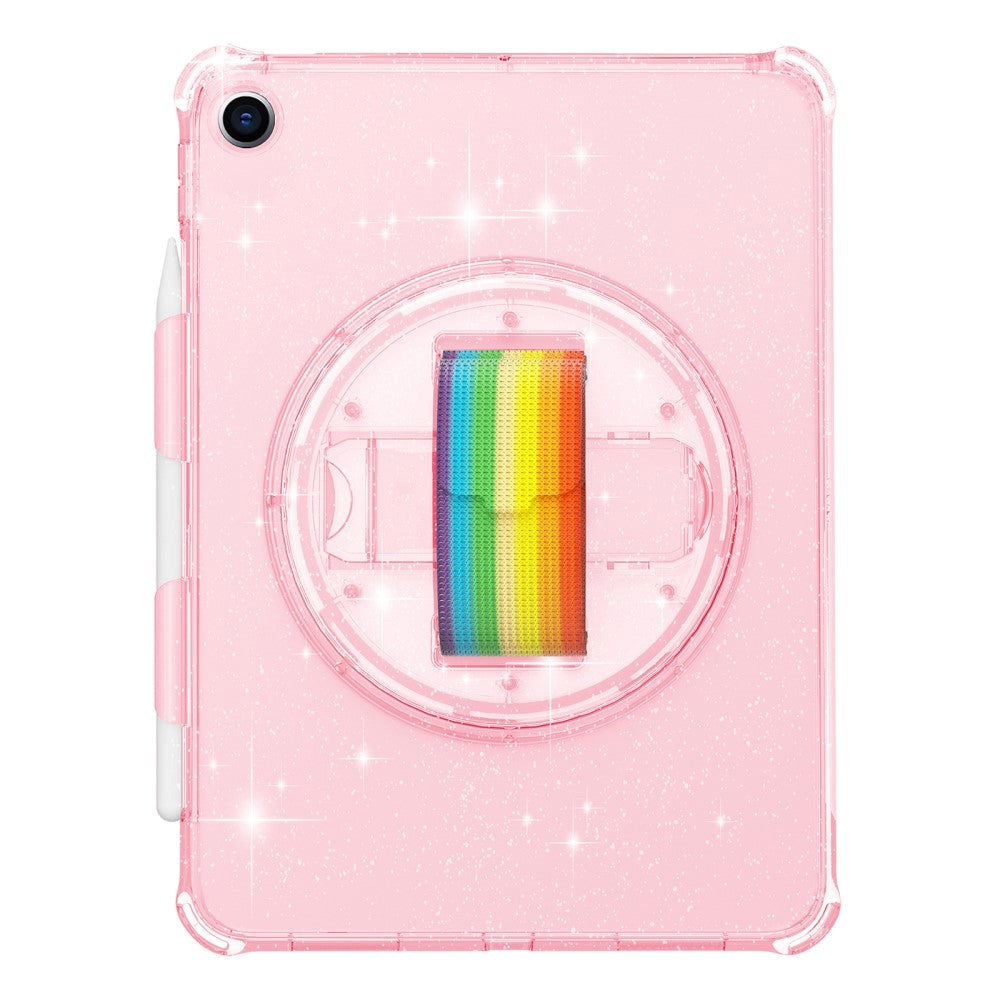 iPad 10.2" (2021 / 2020 / 2019) Hard Plastic Case w. Hand Holder, Kickstand & Shoulder Strap - Transparent / Glitter Pink