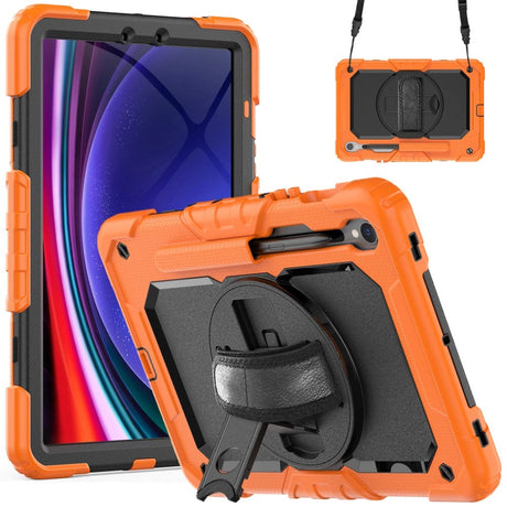 Samsung Galaxy Tab S9 Tough Case w. Protective Film, Hand Holder & Shoulder Strap - Orange / Black