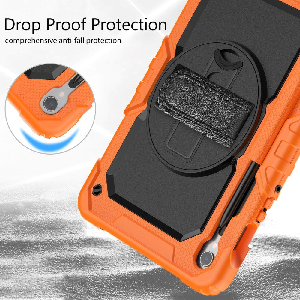 Samsung Galaxy Tab S9 Tough Case w. Protective Film, Hand Holder & Shoulder Strap - Orange / Black