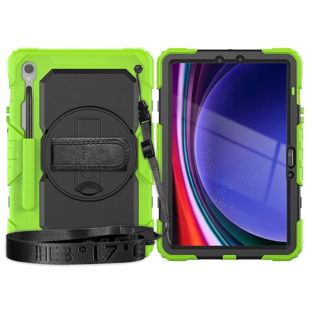 Samsung Galaxy Tab S9 Tough Case w. Protective Film, Hand Holder & Shoulder Strap - Green / Black