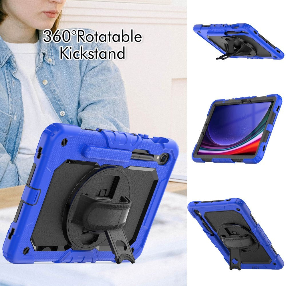 Samsung Galaxy Tab S9 Tough Case w. Protective Film, Hand Holder & Shoulder Strap - Blue / Black