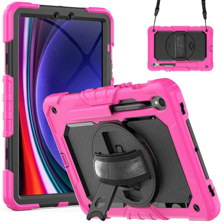 Samsung Galaxy Tab S9 Tough Case w. Protective Film, Hand Holder & Shoulder Strap - Pink / Black