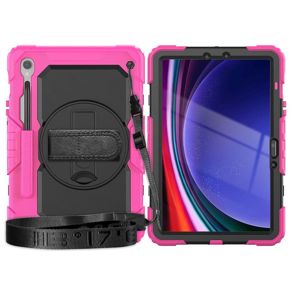 Samsung Galaxy Tab S9 Tough Case w. Protective Film, Hand Holder & Shoulder Strap - Pink / Black