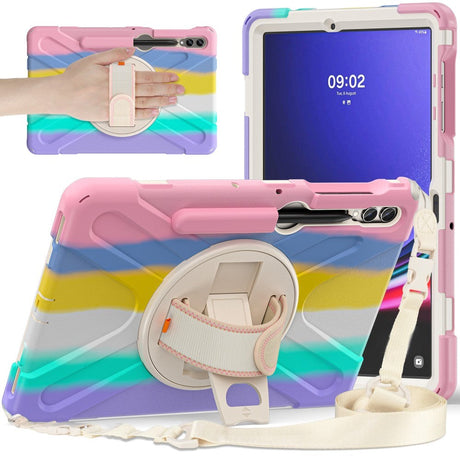 Samsung Galaxy Tab S9+ / S8+ / S7+ (Plus) / S7 FE Tough Case w. Hand Holder, Kickstand, Pencil Holder & Shoulder Strap - Pink / Multi