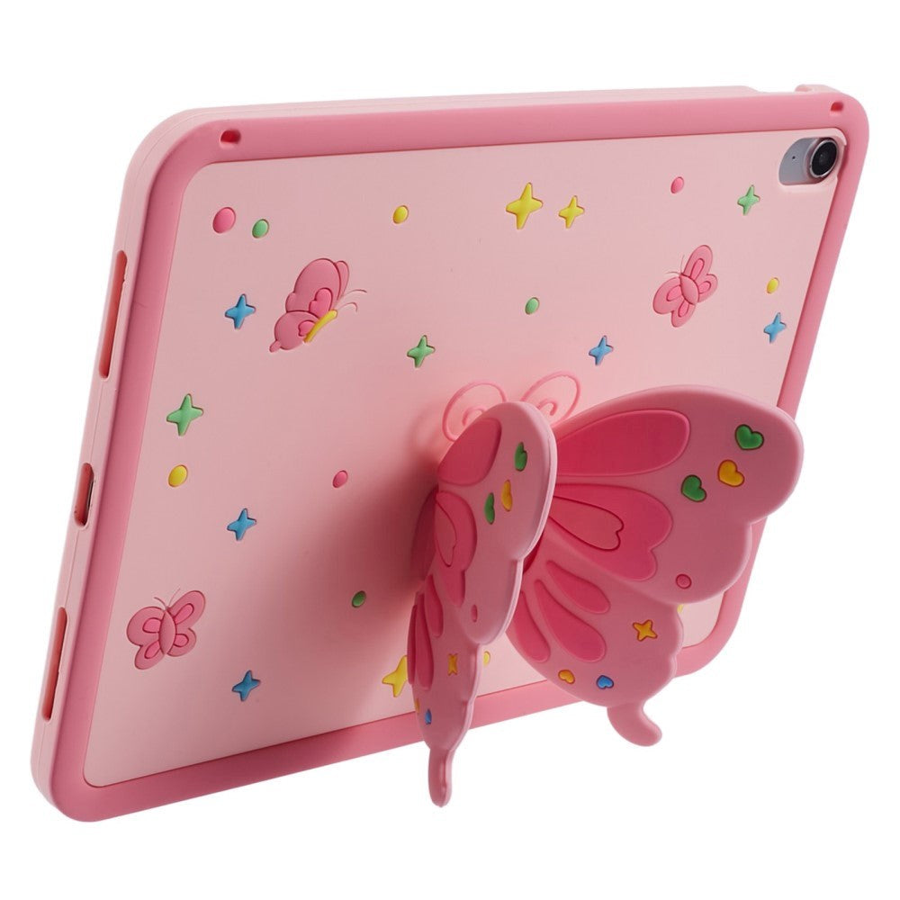 iPad 10.9" (2022) Kids Case - Butterfly Kickstand Silicone Case w. Shoulder Strap - Pink