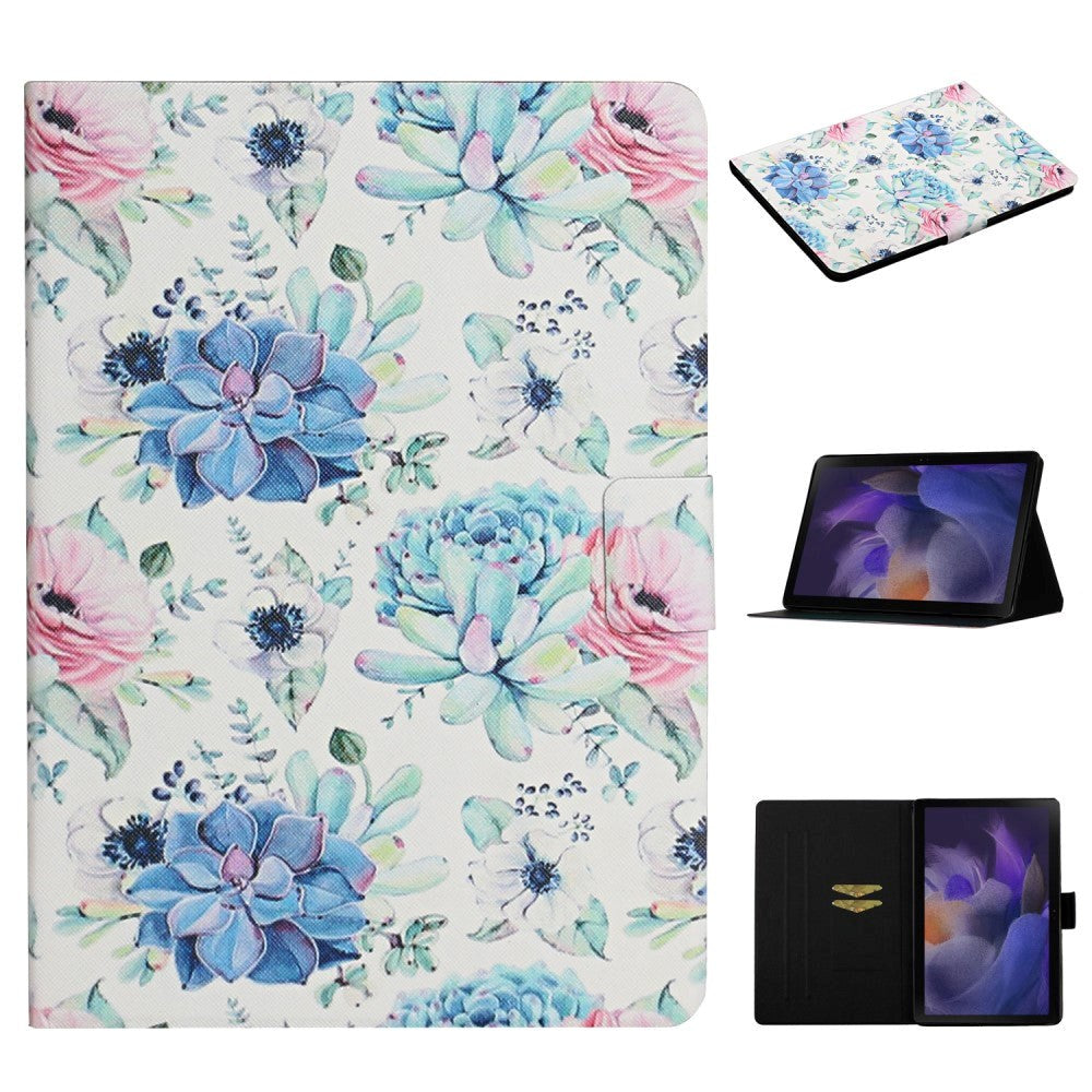 Samsung Galaxy Tab A9 Faux Leather Case w. Kickstand & Card Holder - White / Blue Flowers