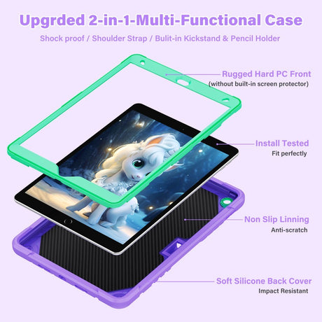 EIDERWOOD iPad 10.2" (2021 / 2020 / 2019) Unicorn Kickstand Kids Case - Purple / Green