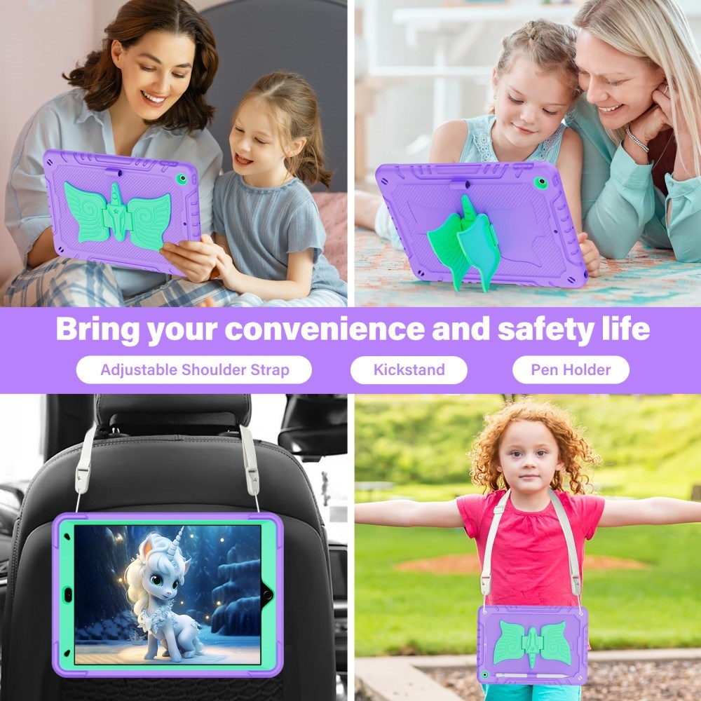 EIDERWOOD iPad 10.2" (2021 / 2020 / 2019) Unicorn Kickstand Kids Case - Purple / Green