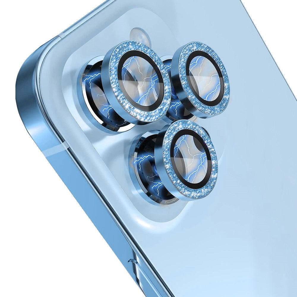 iPhone 13 Pro / 13 Pro Max Camera Glass Protection w. Rhinestone - Blue