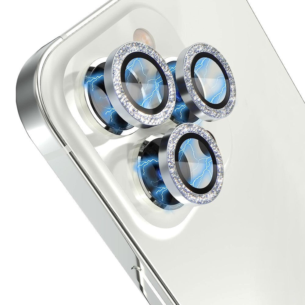 iPhone 13 Pro / 13 Pro Max Camera Glass Protection w. Rhinestone - Silver