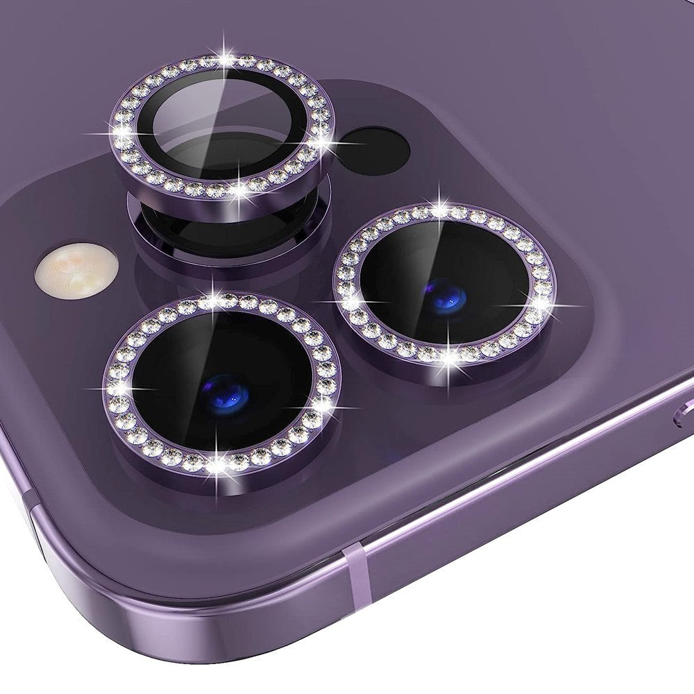 iPhone 14 Pro / 14 Pro Max Camera Glass Protection w. Rhinestone - Purple