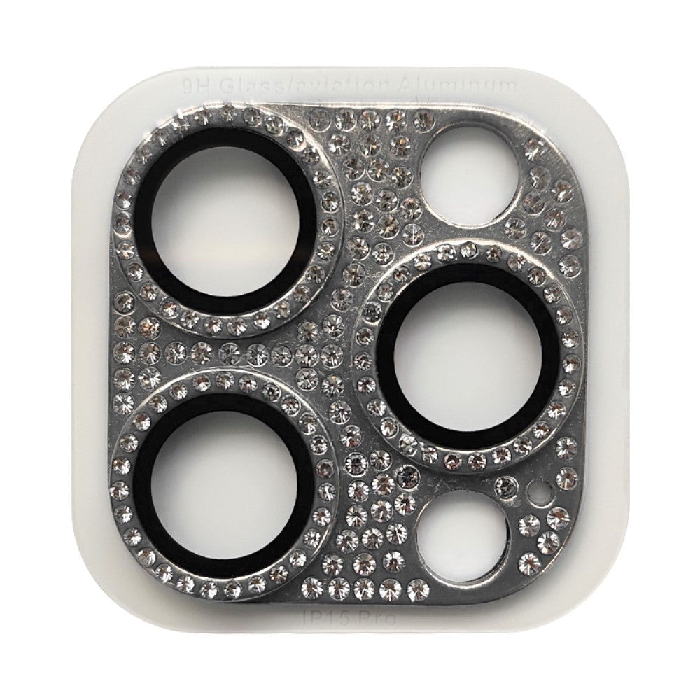 iPhone 15 Pro / 15 Pro Max Camera Lens Protection w. Rhinestone - Silver