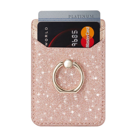 Leather Card Holder Stick-on w. Finger Ring - Glitter - Rose Gold