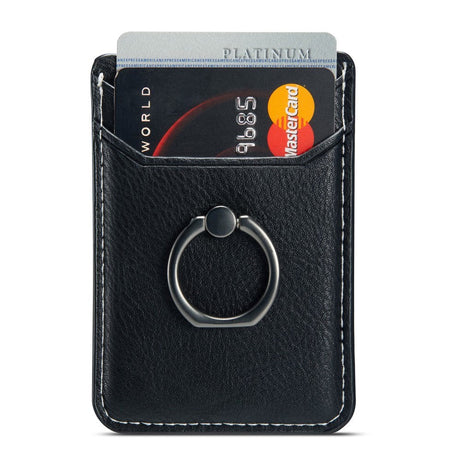 Leather Card Holder Stick-on w. Finger Ring - Black