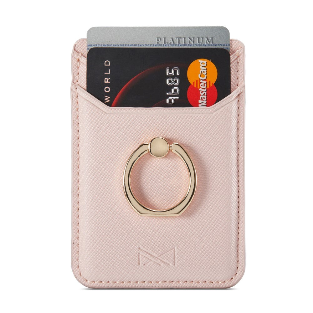 Ribbed Leather Card Holder Stick-on w. Finger Ring - Pink