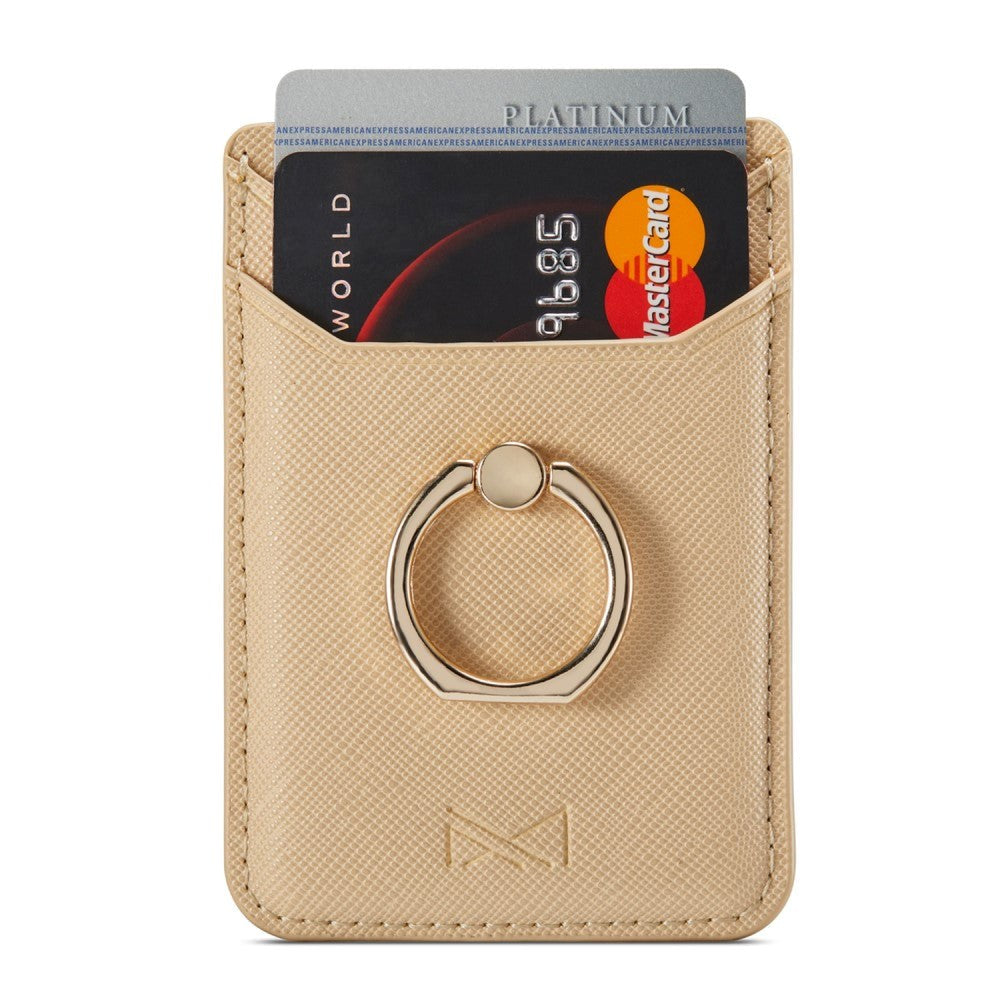 Ribbed Leather Card Holder Stick-on w. Finger Ring - Beige