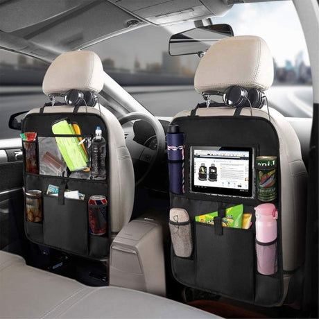 Back Seat Fabric Organizer w. Tablet Holder & Storage - Black