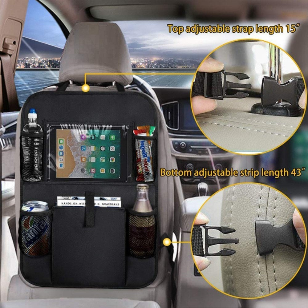 Back Seat Fabric Organizer w. Tablet Holder & Storage - Black