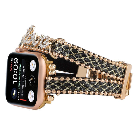 Apple Watch (38/40/SE/41/42mm) Metal and Leather Strap w. Rhinestones - Gold / Black