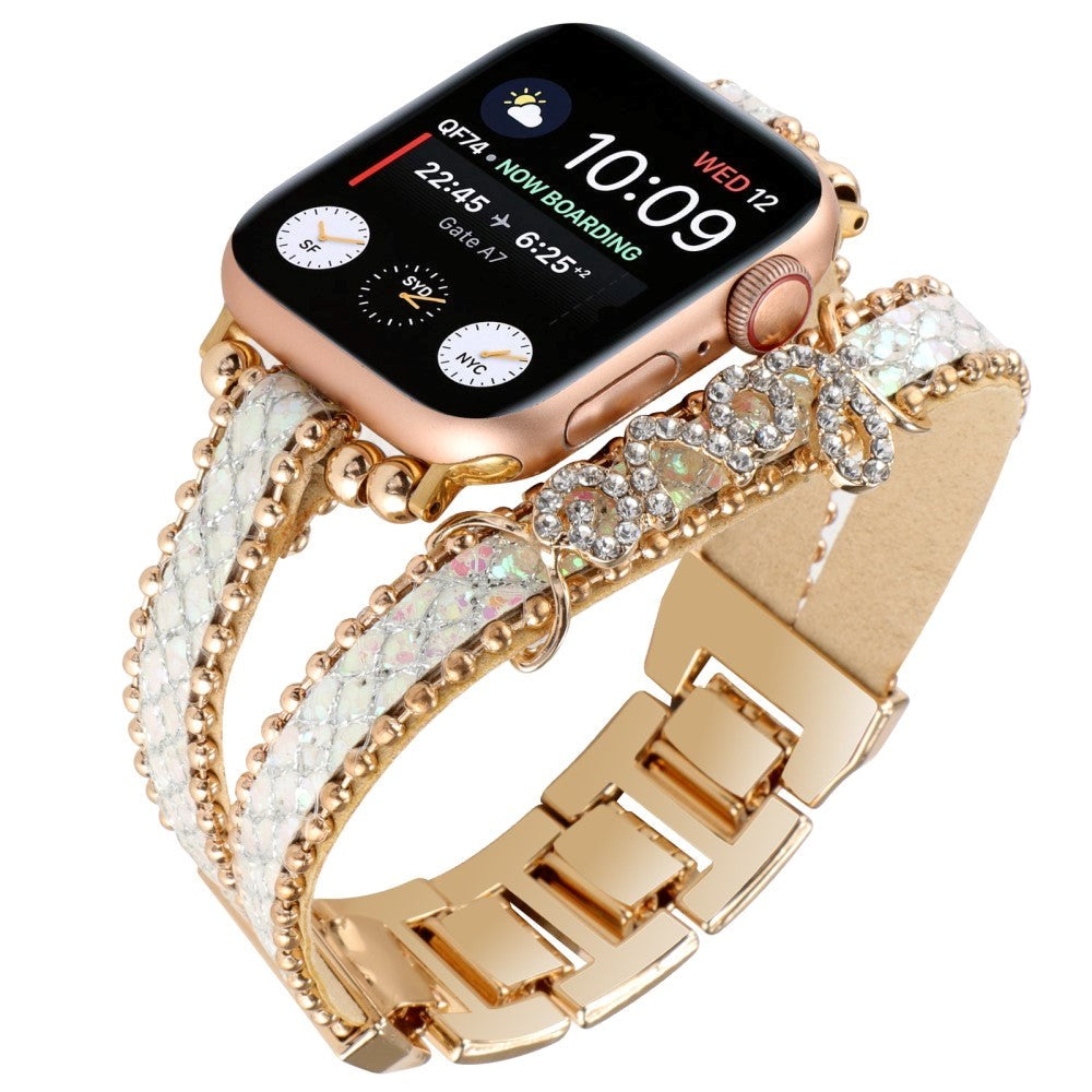 Apple Watch (38/40/SE/41/42mm) Metal and Leather Strap w. Rhinestones - Gold / White