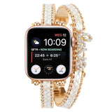 Apple Watch (38/40/SE/41/42mm) Metal and Leather Strap w. Rhinestones - Gold / White