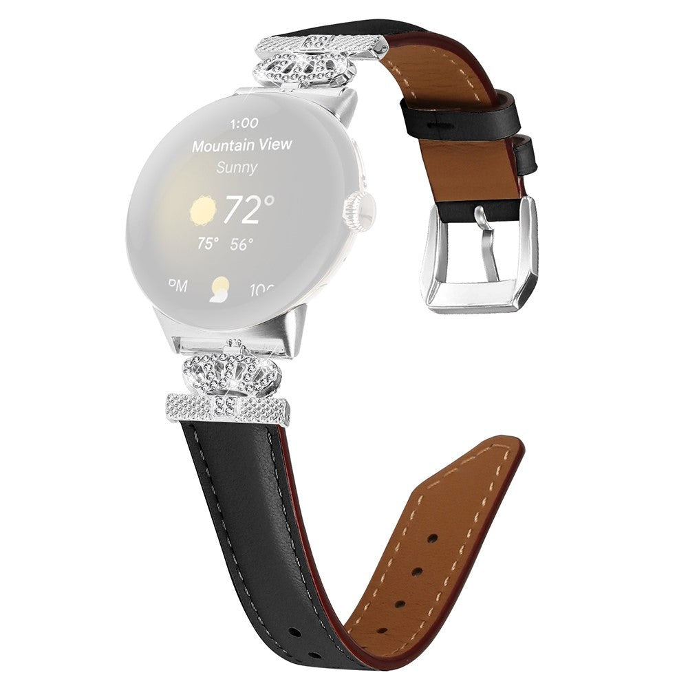 Google Pixel Watch 1 / 2 / 3 Leather Strap w. Silver Rhinestone Buckle - Black