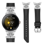 Google Pixel Watch 1 / 2 / 3 Leather Strap w. Silver Rhinestone Buckle - Black