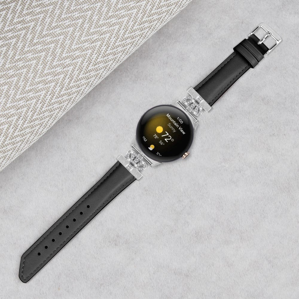 Google Pixel Watch 1 / 2 / 3 Leather Strap w. Silver Rhinestone Buckle - Black