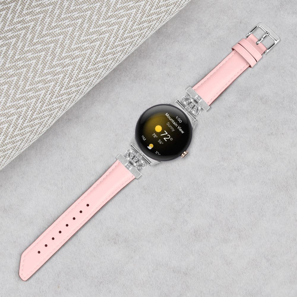 Google Pixel Watch 1 / 2 / 3 Leather Strap w. Silver Rhinestone Buckle - Pink