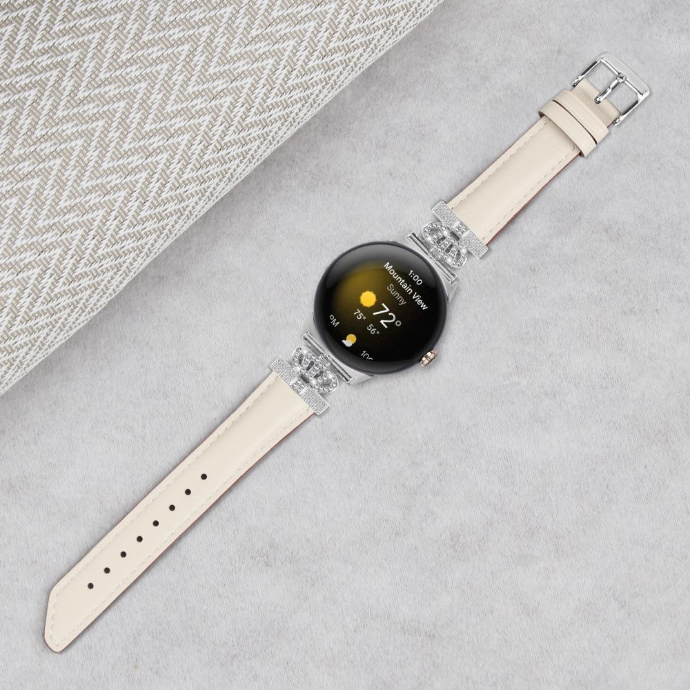 Google Pixel Watch 1 / 2 / 3 Leather Strap w. Silver Rhinestone Buckle - Beige