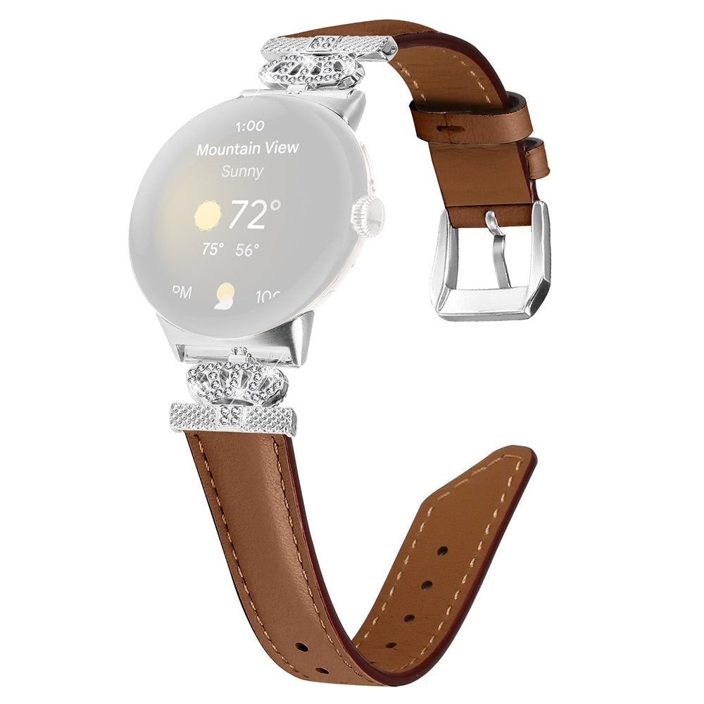 Google Pixel Watch 1 / 2 / 3 Leather Strap w. Silver Rhinestone Buckle - Brown