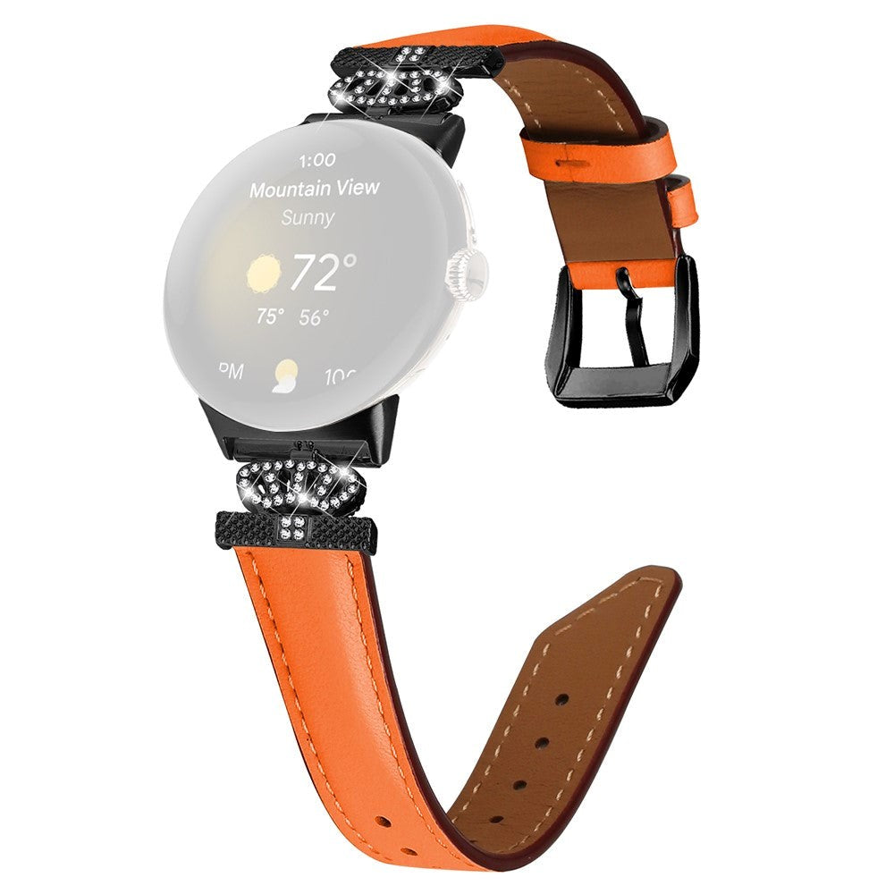 Google Pixel Watch 1 / 2 / 3 Leather Strap w. Black Rhinestone Buckle - Orange