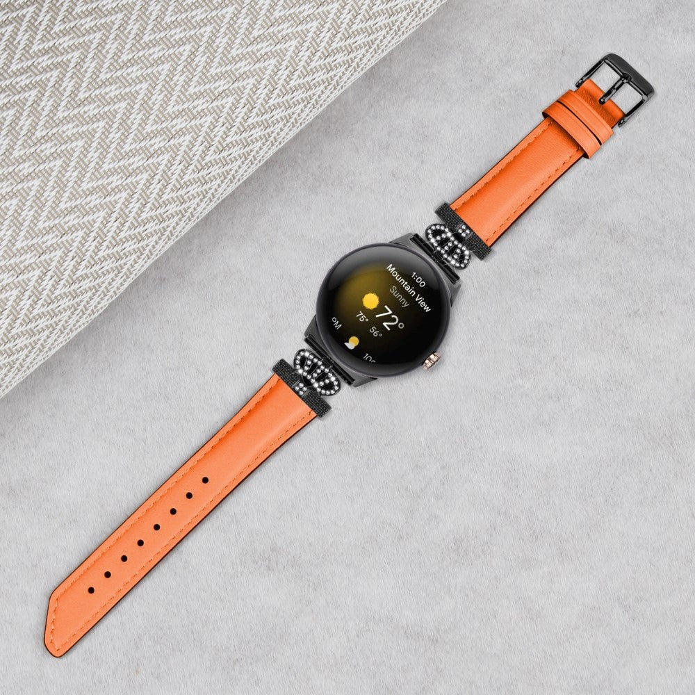 Google Pixel Watch 1 / 2 / 3 Leather Strap w. Black Rhinestone Buckle - Orange