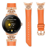 Google Pixel Watch 1 / 2 / 3 Leather Strap w. Rose Gold Rhinestone Buckle - Orange